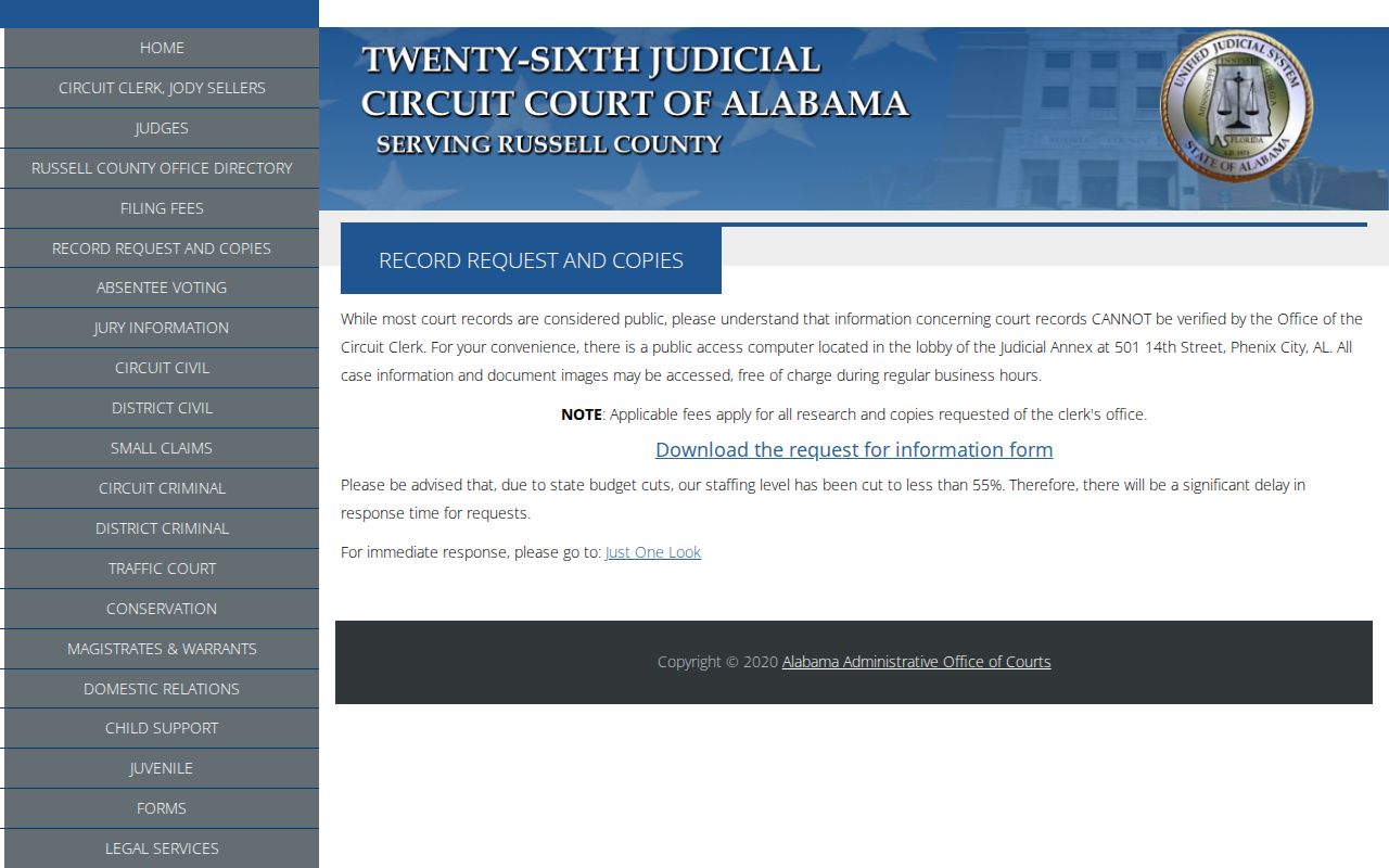 Russell County court record request source for 72 hour release verification